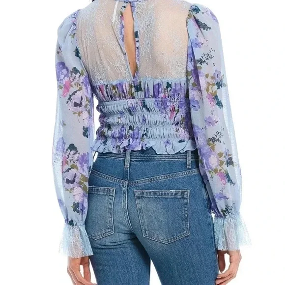 Free People Daphne Blouse Silver Blue Combo Size LG NWT - Picture 14 of 14